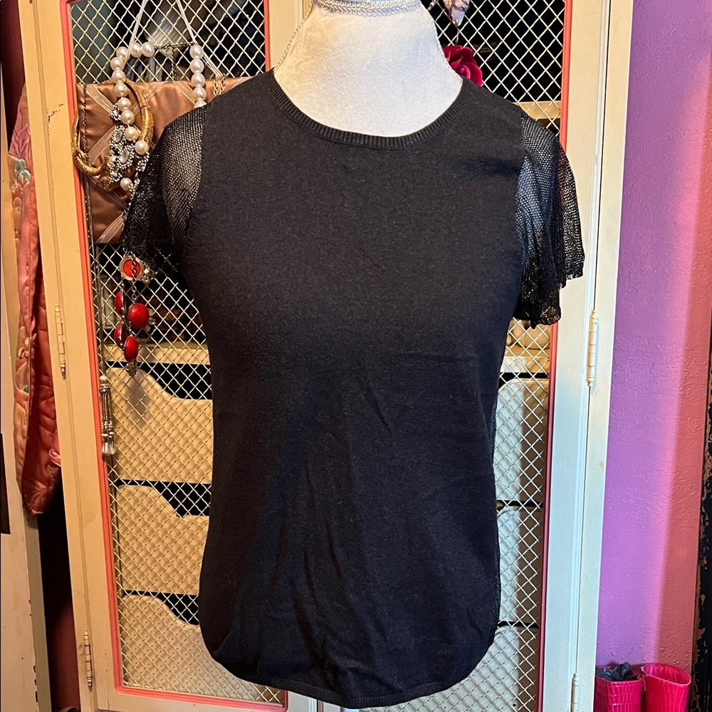 Elizabeth and James Black Short Sleeve Top with Mesh Accents